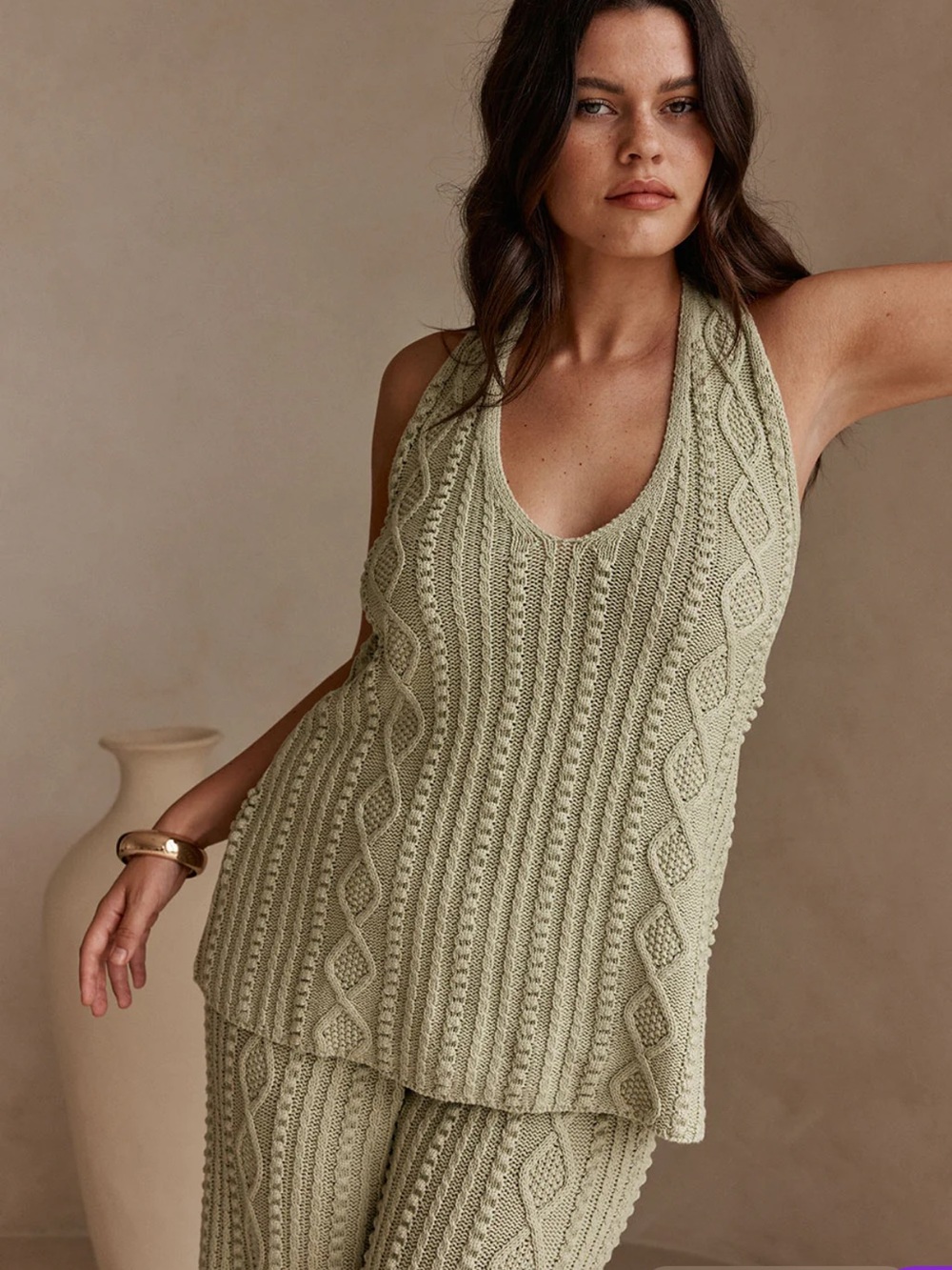 Sabo Skirt Azari Olive Green Cable-Knit Tank and Pants Set